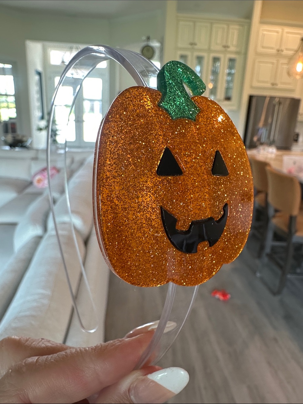 Kids Orange Glitter Pumpkin Headband with Green Stem